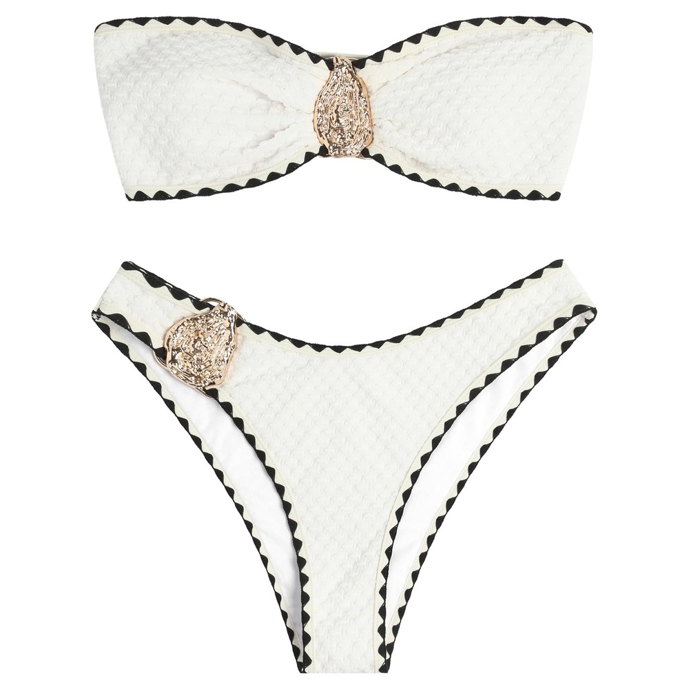 NWT Zaful Textured Bandeau Bikini Gold ORing Tie Back White Black Trim Small